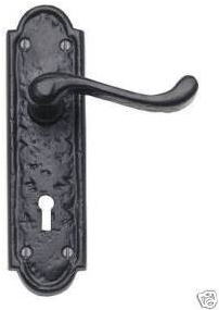 Black Antique Victorian Scroll Door Handles on Shaped Backplate Lever Lock