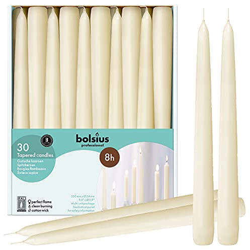 BOLSIUS Long Household Ivory Taper Candles - 10-inch Unscented Premium Quality Wax - 8 Hour Long Burning Dripless Candles Bulk Pack of 30 for Home Decor, Wedding, Parties and Special Occasions