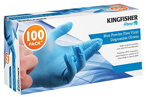 Kingfisher Guantes de vinilo sin polvo, color azul, tamaño mediano, 100 unidades