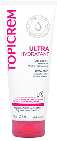 Topicrem - Ultra Hydratant Lait Corps - Hydrate 48h, Relipide, Protège la Peau - Texture Onctueuse, Odeur Délicate - Crème Hydratante pour Peaux Sensibles - Fabrication Française - 200 ml