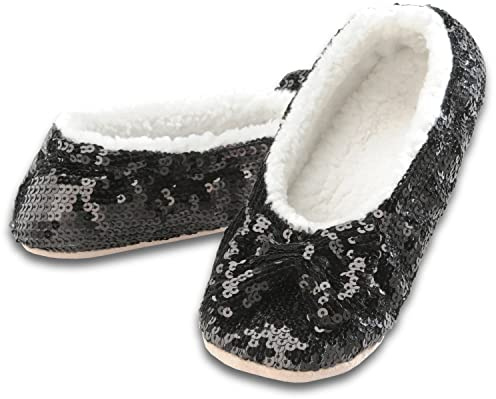 Snoozies Ballerina Bling Metallic Shine Slippers | Sequin House Shoes for Women | Slipper Socks with Grippers | Cute Indoor Footwear (Black, Small)