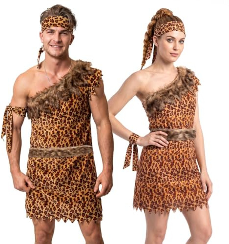 Costume de couple homme des cavernes et femme des cavernes – Club gonflable, tunique imprimé léopard, ceinture, bandeau et brassard