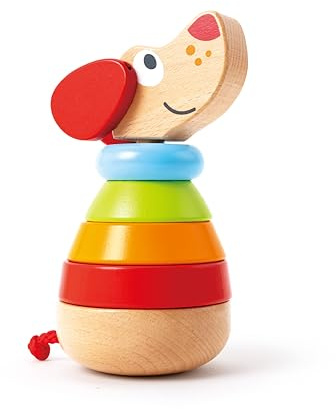 Hape - Pepe Arcobaleno Impilabile per bambini dai 12 mesi | Simpatico cagnolino in legno che abbaia con anelli multicolori