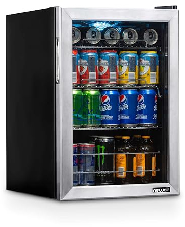 NewAir 90 Can Beverage Refrigerator | 17” Freestanding Small Mini Fridge for Bedroom, Home Bar or Office | Quiet Compressor Cooling & Adjustable Shelves | Stainless Steel