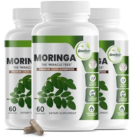 GreeNatr Pure Moringa Oleifera Leaf Extract Veggie Capsules 1000 mg. Natural Herbal Supplement. Energy, Mood, Memory and Focus Support. Premium Green Superfood (3 Bottles)