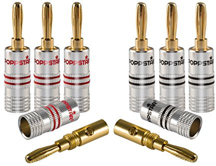 Poppstar 8X Bananas Altavoces; Banana Conector para Cable de Altavoz (hasta 6mm²), (4X Negro, 4X Rojo), contactos Dorados 24k