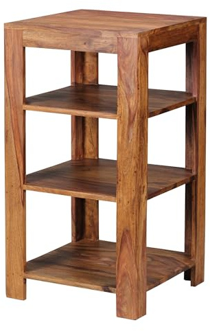 Wohnling Standregal Mumbai Massiv-Holz Sheesham 80 cm Wohnzimmer-Regal mit 3 Ablagefächer Design Landhaus-Stil Beistelltisch