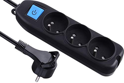 Electraline 32050 Bloc Multiprises 3 prises, interrupteur et fiche Plate - 1,5m, noir