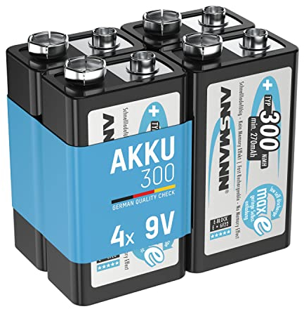 ANSMANN Akku 9V Block Typ 300mAh NiMH 4 Stück mit geringer Selbstentladung - Wiederaufladbare Batterien maxE mit hoher Kapazität - 9 Volt Batterie für Messgerät Multimeter Spielzeug Fernbedienung