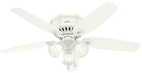 Hunter 52 inch Indoor Ceiling Fan with LED Lights - White Ceiling Fan with Pull Chain, For Bedroom, Living Room, or Kitchen, Low Profile Flush Mount, No Remote, 5 Blades - Builder 53326, Snow White
