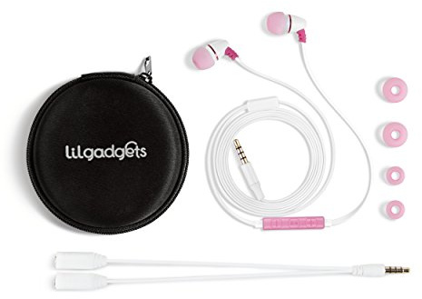 LilGadgets BestBuds Ear Buds for Kids for School - Safe & Comfortable, Volume Limited, Wired Earbuds for Kids with an in-Line Microphone, Travel Case, and Splitter - Pink