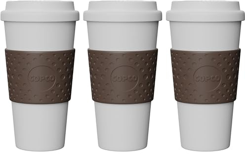 Copco 16 oz Acadia Travel Mug Set – Reusable Double-Wall Coffee Cups with Non-Slip Sleeve & Spill-Resistant Lid for Hot & Cold Drinks, BPA-Free Plastic, 3 Pack Portable Drinkware (Brown)