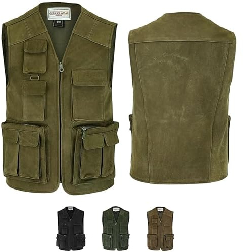 German Wear Herren Jagd Lederweste Jagdweste aus Nubuckleder - Freizeit 9-Taschen Angelweste - Outdoor Camping Multi-Taschen Angler Weste - Multifunktionsweste Tarnweste Jagdgrün - 50
