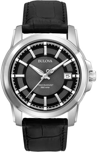 Bulova Men's Precisionist 3-Hand Calendar in Stainless Steel with Black Leather Strap and Black Patterned Dial Style: 96B158