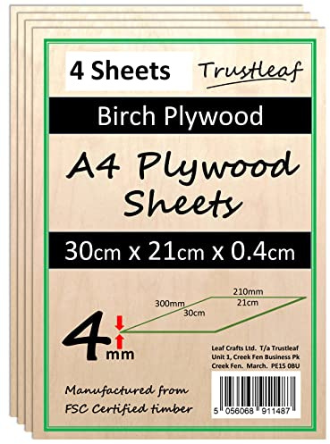 4 mm björkplywood A4-300 x 210 x 4 mm - (förpackning med 4) - Laserbar låg rök E1 limply...