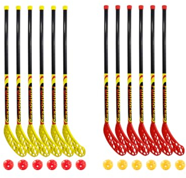 Bandito FunHockey Schlägerset inkl. Bälle für Kinder, Floorball für Garten, Floorball Stick, Streethockey Outdoor, Linkshänder, Rechtshänder, 12 Bälle und Schläger, rot und gelb