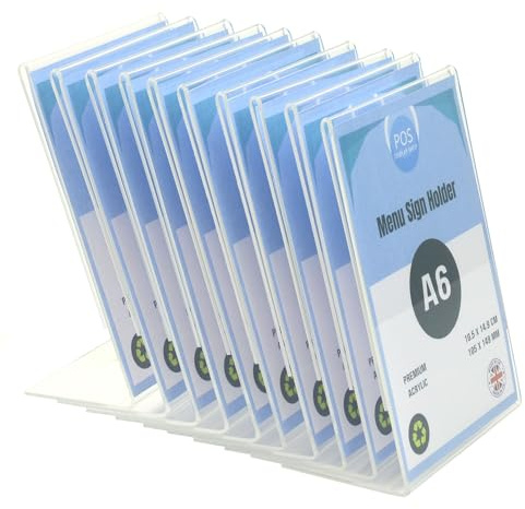 Pos Display Shop 10 x A6 Portrait Angled Menu Poster Sign Drinks Price List Holder - Single Sided - Table Display Stand - Acrylic - PDS8000 Recyclable!