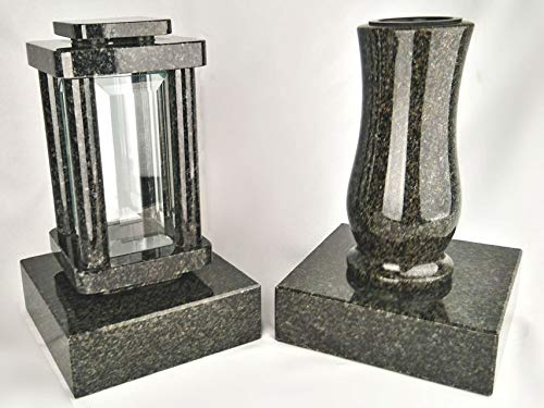 designgrab Moderna lampada funeraria con vaso e 2 pezzi base in granito nero Impala, set di gioielli per sepoltura