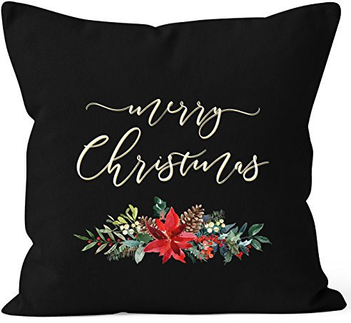 Autiga Kissenbezug Weihnachten Merry Christmas Blumen Weihnachtsstern Christstern Flower Frohe Weihnachten schwarz 40cm x 40cm
