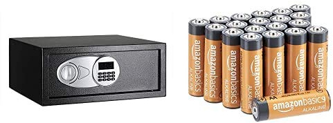Amazon Basics - Caja fuerte (20L), color negro + Amazon Basics - Pilas alcalinas AA 'Performance' (Paquete de 20)