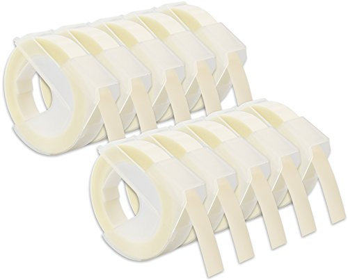 Cartridges Kingdom 10 Prägebänder 3D 9 mm x 3 m Weiss auf Transparent/Farblos | kompatibel für Dymo Omega und Junior Etikettenprägegerät für den Heimbedarf | Kunststoff, Selbstklebend