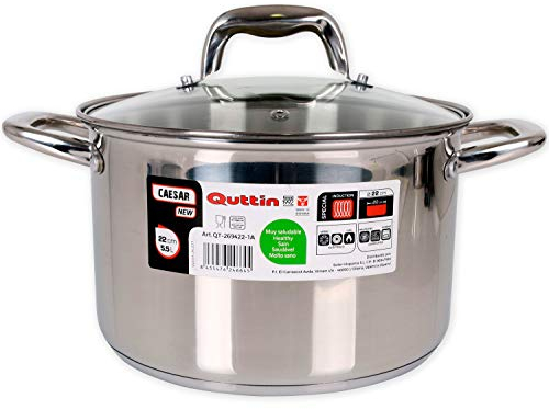 Quttin New Caesar - Olla Profesional Induccion, Cocina y Horno, Cacerola Mediana, Acero Inoxidable Antiadherente, Tapa Cristal y Asas, 22 cm/3 L