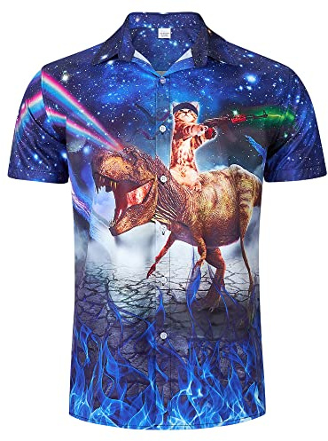 RAISEVERN Cat Dinosaur Mens Shirts 3D Printed Hawaiian Funny Blue Galaxy Funky Stag Bright Ugly Holiday Bad Taste Crazy Shirt Rave Awful Gifts, L