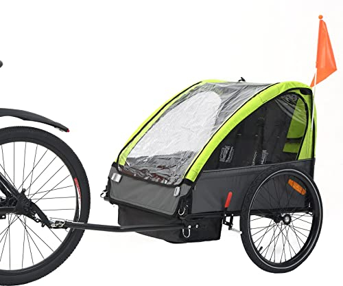 SEPNINE Kinderanhänger für Fahrrad, Fahrradanhänger für 1-2 Kinder, mit 5-Punkt-Sicherheitsgurt, Luftreifen, Handbremse, Faltbar, Max. 40 kg (Grün)
