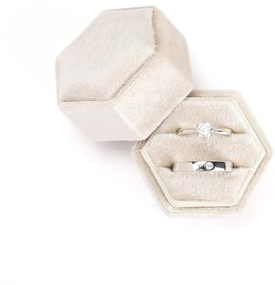 Etercycle Velvet Jewelry Ring Box, Hexagon Premium Gorgeous Vintage Double Ring Gift Box with Detachable Lid for Proposal Engagement Wedding Ceremony(Beige)