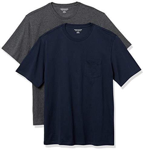 Amazon Essentials Men's Short-Sleeve Crewneck Pocket T-Shirts, Pack of 2, Navy/Charcoal Heather, L