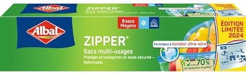 Albal - 8 Sacs multi-usages Zipper - Moyen Modèle 3L - Pour conserver, congeler, ranger ou transporter - Fermeture à curseur - Réutilisable