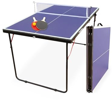 MUWO Mini tavolo pieghevole per interni, struttura in acciaio resistente, compatto, con maniglia, 137 x 76 cm, con rete, due racchette e pallone da ping pong (blu)