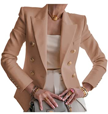 EFOFEI Women Casual Work Blazer Lapel Open Front Suit Coat Simple Cardigan Suit Khaki XS