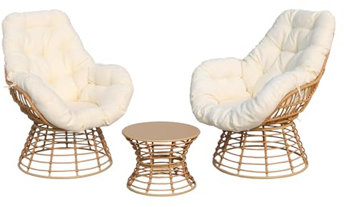 VIXLON Swivel Chairs for Outside Patio Set of 3, 360 Degree Swivel Pe Wicker Luxury Lounger Chair with 20 Side Table, Soft Cushion and Durable Frame, for Apartment Balcony