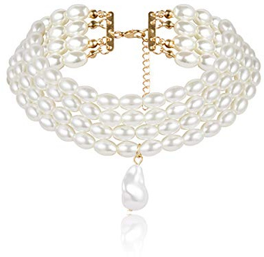 fdsmall Collier de perles d'imitation rétro à 4 couches - Blanc, 16 perles rondes brillantes, Choker unisex pour adultes, Accessoire de mode et fête à thème des années 1920