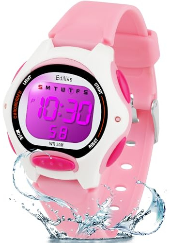 Edillas Kids Digital Watch for Girls Boys,7 Colors LED Flashing Water Resistant Wrist Watches,Child Sport Outdoor Multifunctional Watch with Stopwatch/Alarm for Ages 5-14 (Pink)