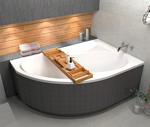 ECOLAM® Badewanne Wanne Eckwanne Eckbadewanne Acryl weiß Wela 150x100 cm RECHTS + universelle Styroporverkleidung befliesbar + Bambus Ablage Ablaufgarnitur Ab- und Überlauf Automatik Füße Silikon Set