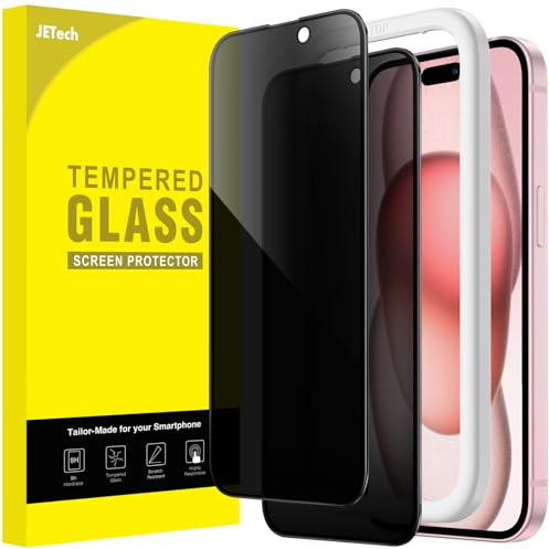 JETech Protection Écran Anti-Espion Couverture Complète pour iPhone 15 6,1 Pouces, Bord Noir Integrale Film Verre Trempé avec Outil d’Installation Facile, Compatible Coque, Lot de 2