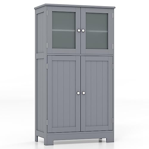COSTWAY Bathroom Floor Cabinet, Freestanding Storage Cupboard with Tempered Glass Doors and Adjustable Shelf, Wooden Side Cabinet Organiser Unit for Living Room Kitchen Entryway (Grey)