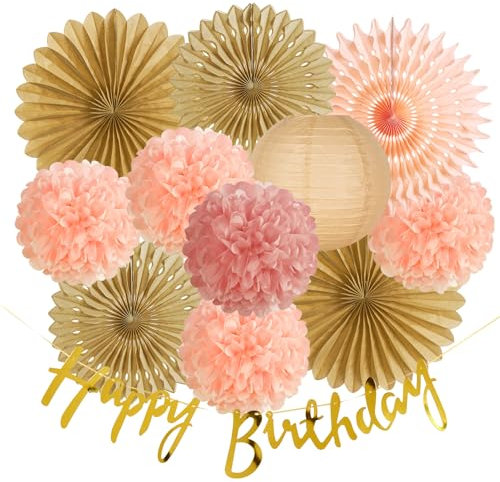 SUNBEAUTY Braun Papier Fächer Geburtstag Dekoration Rosa Deko Pfirsichrosa Seidenpapier Pom Poms Papierfächer Braun Laterne Happy Birthday Banner für Gartenparty Deko Hochzeit Herbstdekoration