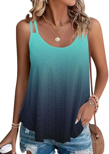 WNEEDU Camisetas sin Mangas de Verano para Mujer Chalecos sin Mangas para Mujer Top sin Mangas Loost Fit Camisas Casuales Chaleco Bordado con Ojales Blusas Cami Camisola Gradiente Azul M