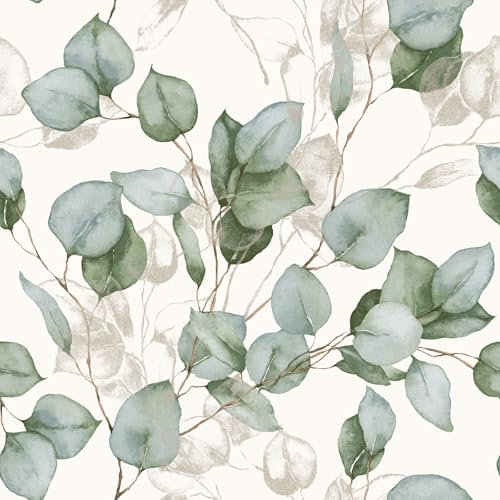 World of Wallpaper Papier peint feuilles d'eucalyptus - Motif floral/naturel, papier peint moderne pour salon, chambre, couloir - Papier peint décoratif de luxe - Vert/blanc AF0036