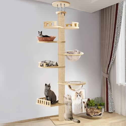 locwanot Cat Tree - Floor to Ceiling | Height Adjustable Cat Tower | 6 Tier Durable Hemp Scratching Post | Sturdy Indoor/Outdoor Activity Tree | Perfect for Cats 6 Tiers