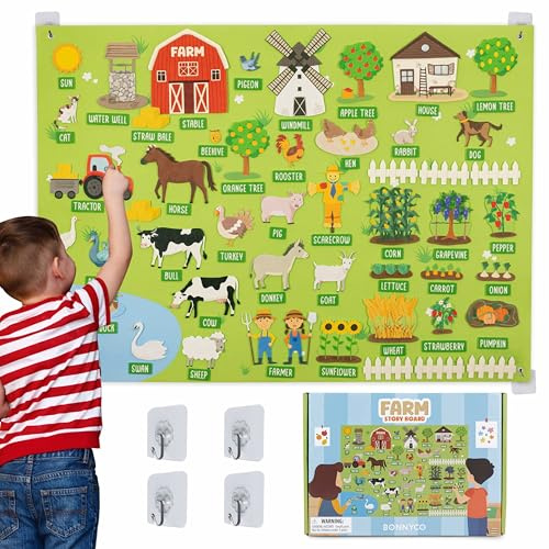 BONNYCO Lavagna di Feltro con 92 Figure di Animali della Fattoria. Giochi Montessori e Regalo Compleanno Bambini dai 3-8 Anni. Pannello Sensoriale per Autismo, Giocattoli Educativi