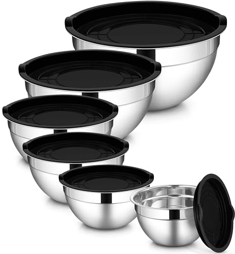 LIANYU 6 PCS Stainless Steel Mixing Bowls with Lids Set, Large Size 7, 3.5, 2.5, 2, 1.5, 1QT, Kitchen Nesting Metal Bowl Sets, Ideal for Baking Cooking Serving Food Storage, Dishwasher Safe, Black