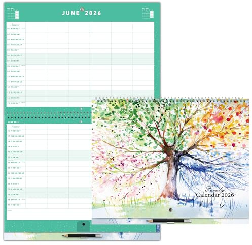 ZXHQ Family Home Planner 2026, 6 Column Family Calendar, Large Wall Planner with UK Holidays & Colourful Tabs, Jan–Dec 2026, 39 x 31 cm (Open 39 x 60 cm), Back Pocket