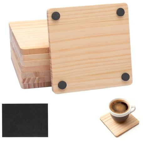 8 posavasos de madera, 10 cm, posavasos de madera sin pintar, vasos de madera con 48 redondos antideslizantes, posavasos cuadrados de madera, posavasos de cristal, posavasos para bebidas, DIY