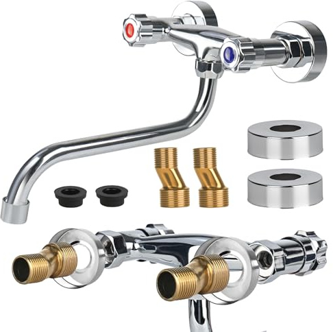 Rzspher Miscelatore da parete a due maniglie in ottone, girevole a 360°, interruttore dell'acqua calda e fredda, rubinetto da parete cucina per cucina ecc