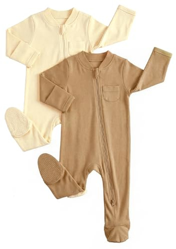 JiAmy Bomull baby pyjamas 2-pack, långärmad nyfödd baby pojkar flickor sparkdräkt babykläder 0–12 månader, Beige khaki, 0-3 månader