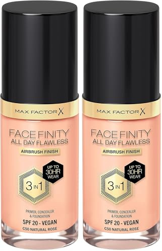 MAX FACTOR - Facefinity All Day Flawless Foundation - 3-in-1 Concealer, Liquid Foundation & Face Primer - Up To 30hr Wear - Flawless Airbrush Finish, SPF 20, Vegan - C50 Natural Rose - 30ml